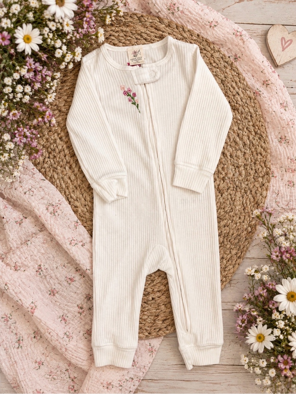 *upcycled* Carter's Cream Ribbed One-Piece with Pink Floral Embroidery